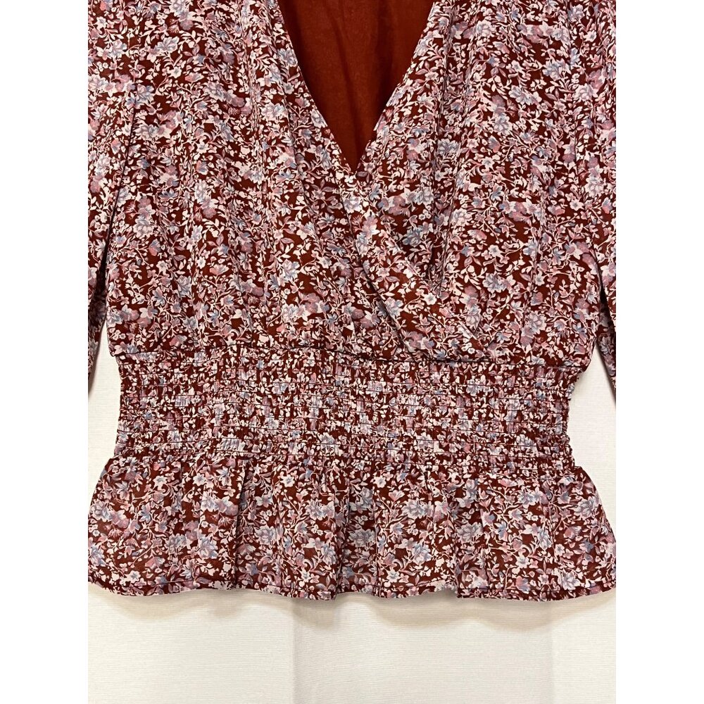 Fun & Flirt Floral Smocked Peplum Blouse XL V-Neck Long Sleeve Red & White - Picture 7 of 16